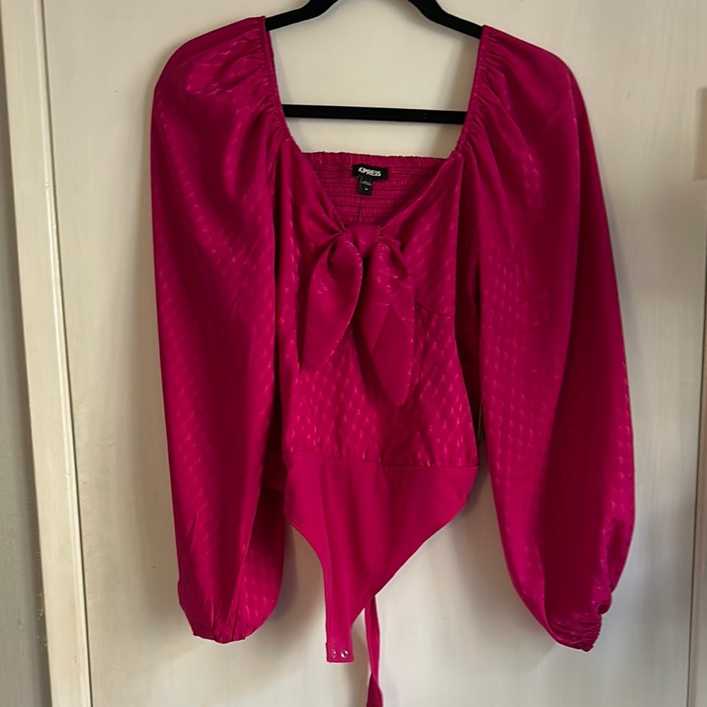 Express Pink Puff Sleeve Tie Front Blouse